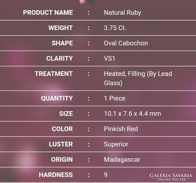 3.75 ct madagaszkári hőkezelt rubin kaboson drágakő