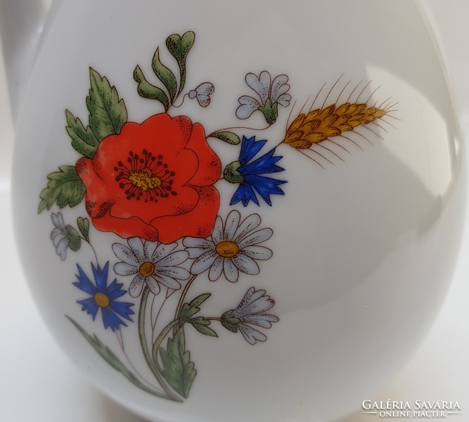 Zsolnay, poppy-patterned, hand-painted water jug with handle.