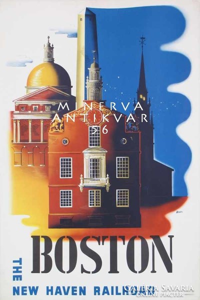 Boston építészet, ikonikus épületek, New Haven vasút utazási hirdetés. Vintage/antik plakát reprint