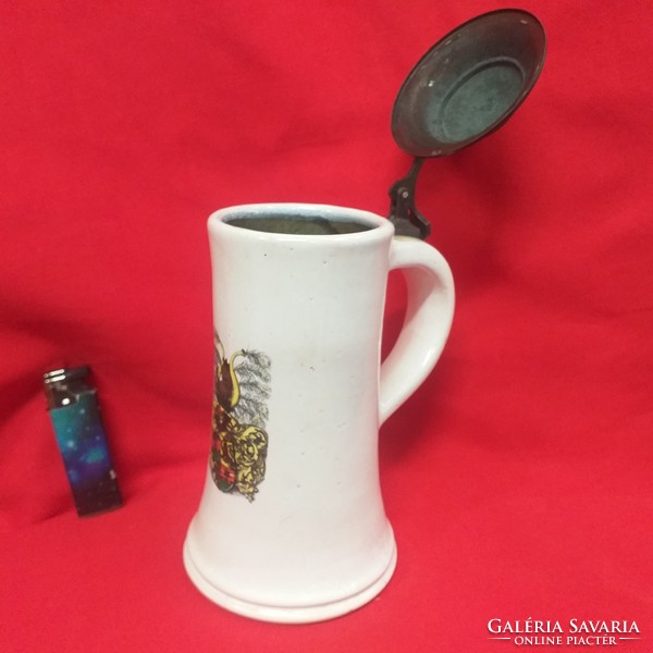 Old German beer mug with German coat of arms and tin lid. 20 Cm.