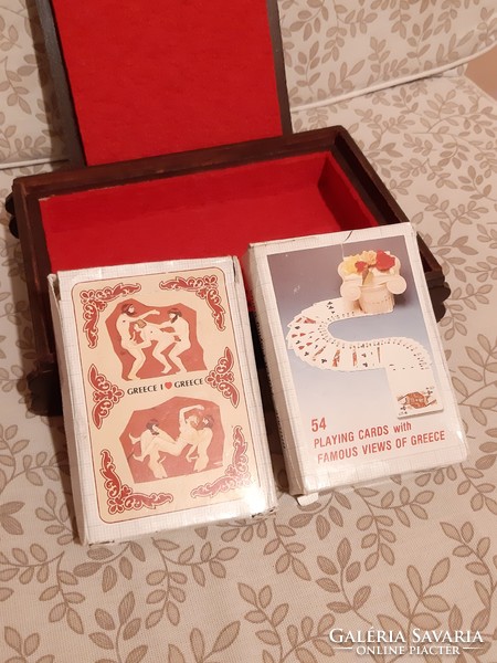 2 decks of retro French cards in a leather card box (with some Greek hedonism on the back ;-))