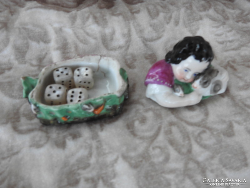 Antique 1800's cube holder with antique dices - a small child with a bunny figure