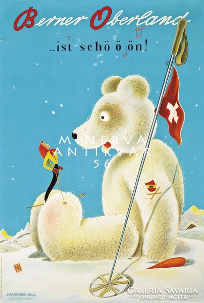 Retro síelés plakát Svájc havas táj zászló fehér maci jegesmedve síelő nő gyerekszobába kép REPRINT