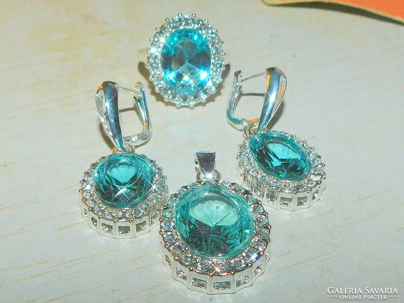 Aquamarine blue crystal stone white gold filled earrings-pendant ring set