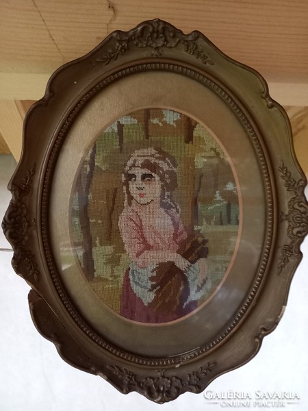 Girl with a rose - framed needle tapestry