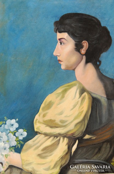 M.T.J .: Woman in yellow dress with flowers - oil painting, framed