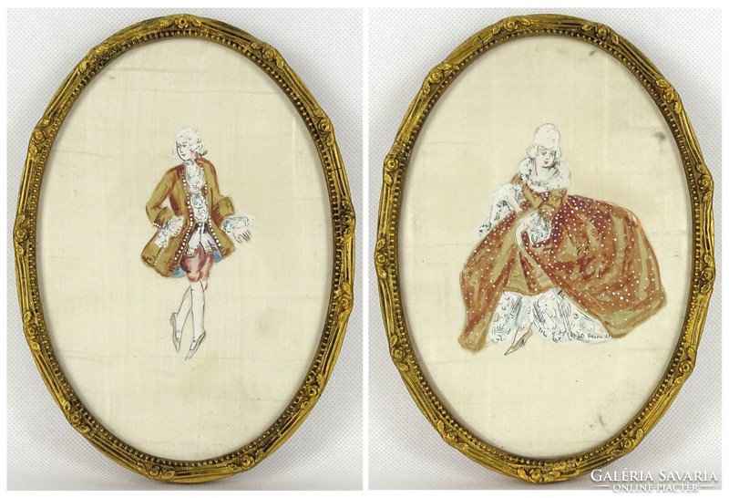 1G883 antique silk painted gold framed baroque picture pair 19.5 X 14 cm