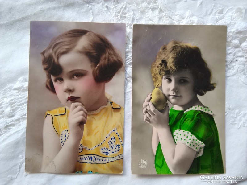2 pcs antique hand-colored French photo card / postcard for kids / girls, pear 1920s