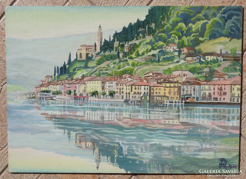 Város a tóparton _ német kortárs festő festménye