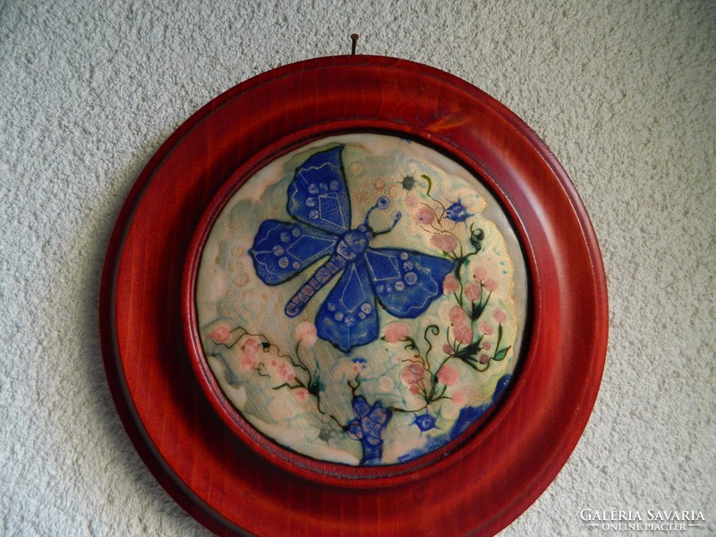 Exquisite fire enamel mural in a thick wooden frame: butterfly