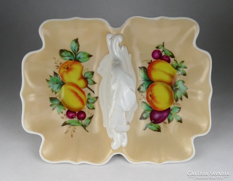 1G961 Antik kézi festett porcelán asztalközép gyümölcsös mintás kínáló tál 28 cm