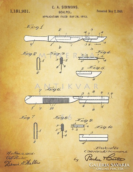 Régi sebészkés, szike 1887 antik orvosi műszerek, eszközök szabadalmi rajz nyomata, ajándék ötlet