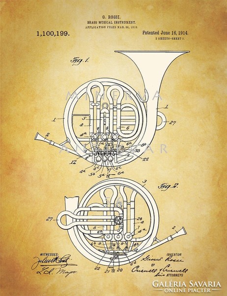 Prints of old horn rossi 1914 patent drawings of classical orchestral instruments, brass instruments