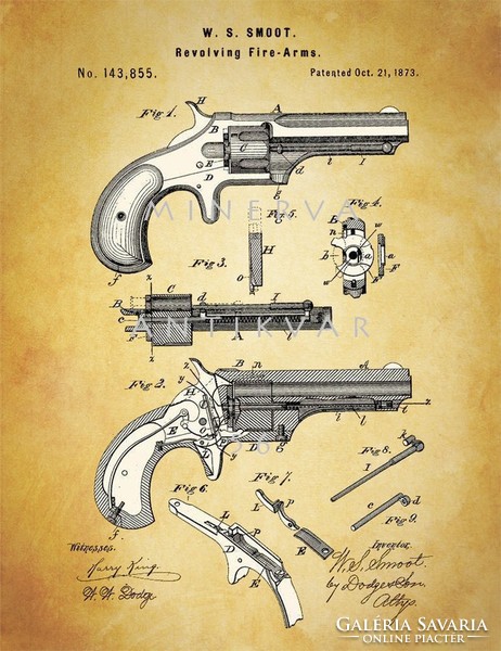 Régi antik revolver szabadalmi rajz Smoot 1873 klasszikus amerikai forgótáras pisztoly lőfegyver