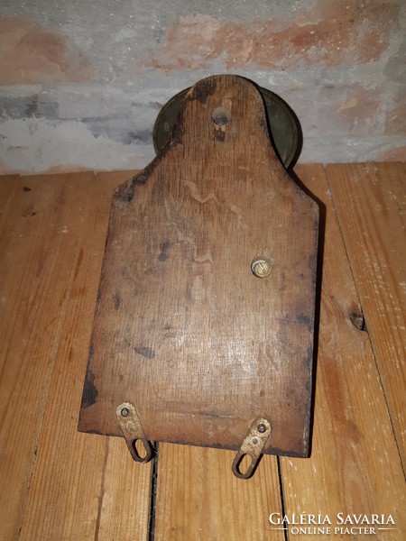 Antique wall mounted flat or school copper bell in wooden case