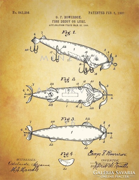 Old antique lure wobbler artificial fish 1907 bowersox patent drawing, fishing tackle tool story