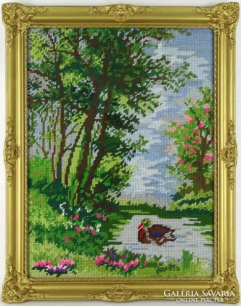 1H019 old colorful tapestry landscape with duck in blonde frame 46 x 36 cm