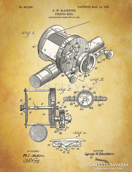 Old antique fishing rod reel 1907 blackburn patent drawing, fishing tackle tool story