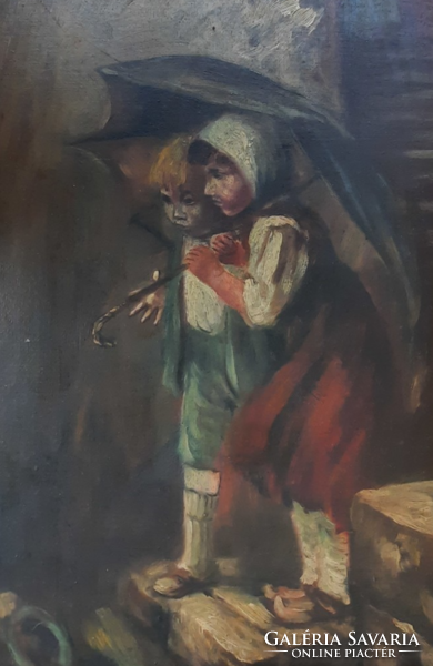Children in the rain (oil on canvas 41,5x31,5cm) umbrella, little girl, little boy