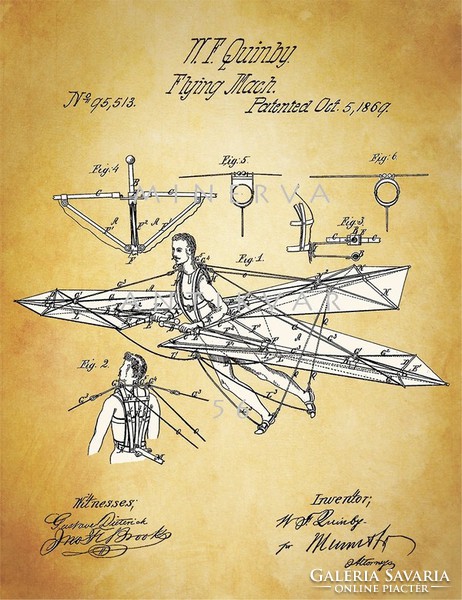 Régi antik repülő szerkezet 1869 Quinby találmány szabadalmi rajz vitorlázó repülő repülés történet