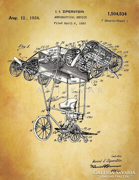 Régi repülő szerkezet bicikli kerékpár 1924 Zipperstein találmány szabadalmi rajz repülés történet