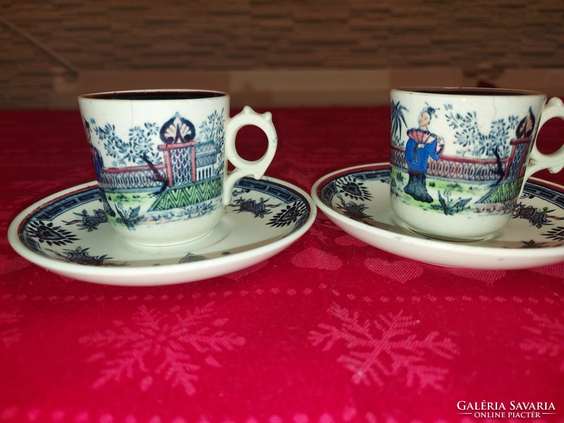 Pair of antique villeroy & boch oriental patterned faience cups