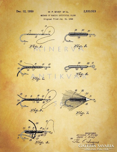 Műlégy készítés lépései 1925 Hawkes szabadalmi rajz, legyező horgászat felszerelés eszköz történet