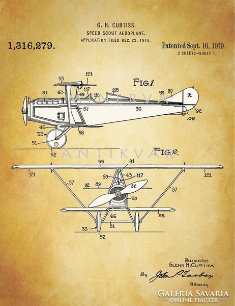 Régi kétfedeles felderítő repülőgép 1919 Curtiss Model-S találmány szabadalmi rajz repülés történet