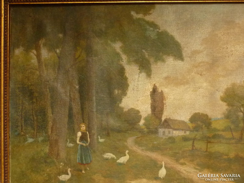 Tolnay ákos for sale: goose shepherd girl painting on canvas