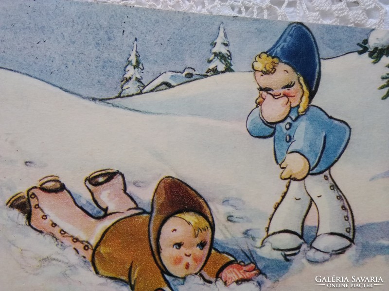 Régi grafikus, olasz karácsonyi képeslap/üdvözlőlap, hógolyózó gyerekek, havas táj, 1947