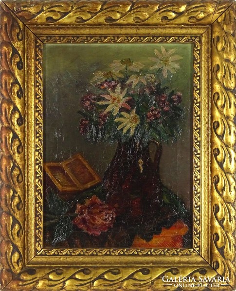 1H055 XX. századi magyar festő : Könyves asztali virágcsendélet