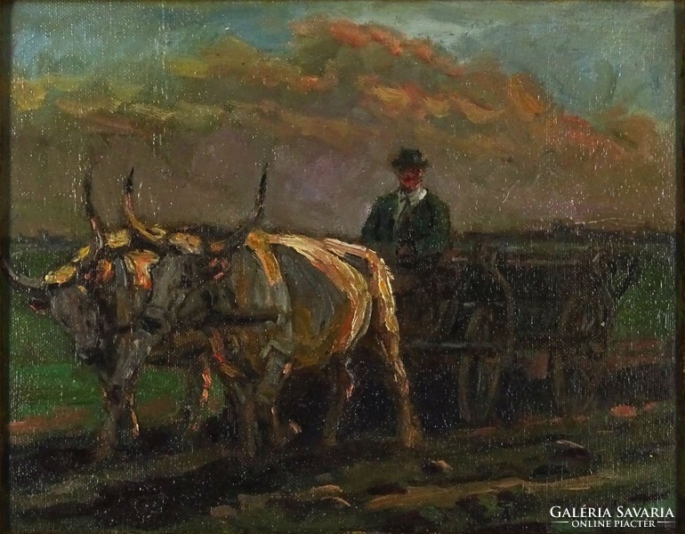 1H075 xx. Century Hungarian painter: ox cart