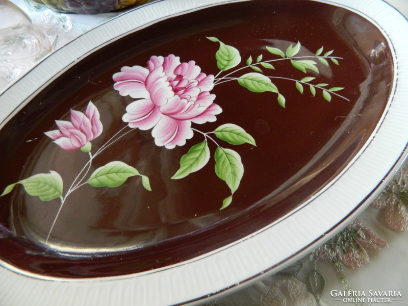 Schmiedefeld brown background with peonies, serving bowl, sideboard, 1950s