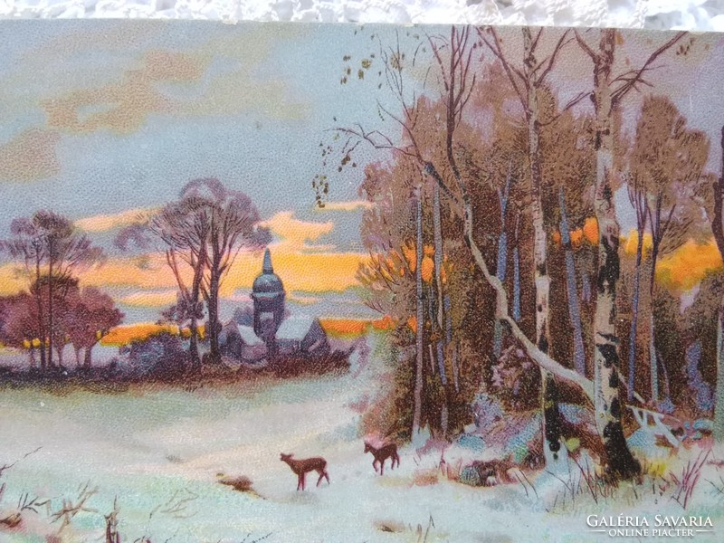 Antik litho/litográfiás karácsonyi képeslap/üdvözlőlap havas téli táj, őzek 1908