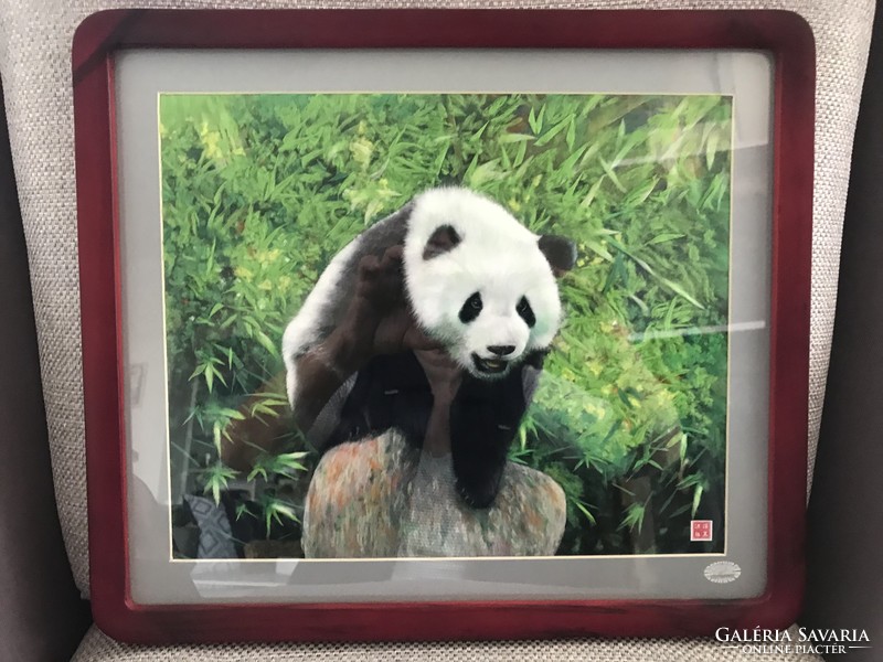 Panda kép gyapjúból mahagóni kerettel, 37 x 32 cm