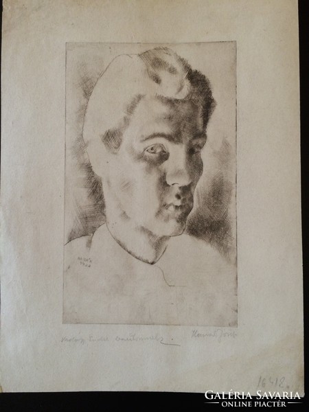 József Hanák - self - portrait, 1922, etching, dedicated to the endre of the hunter