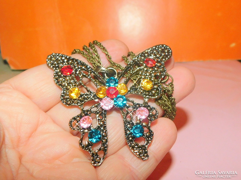 Full of colored zirconia stones pierced like. Giant butterfly vintage necklace - 66 cm