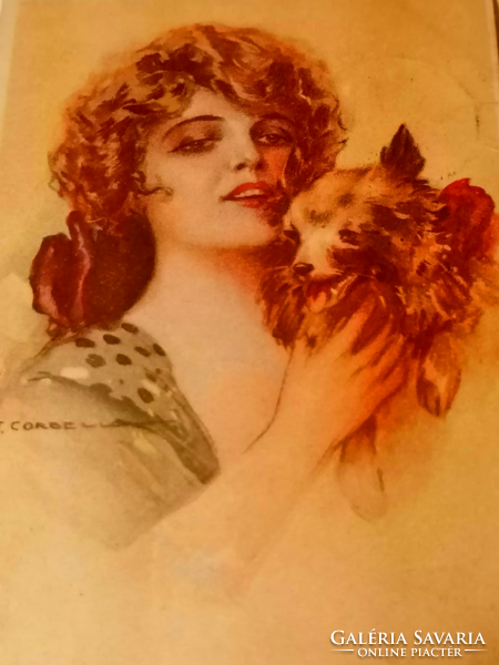 1912 Tito Corbella  " Hölgy kutyával" szignált litográf olasz levelezőlap (62)