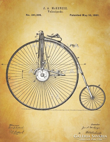 Régi antik velocipéd kerékpár bicikli 1881 McKenzie találmány szabadalmi rajz vintage háttéren