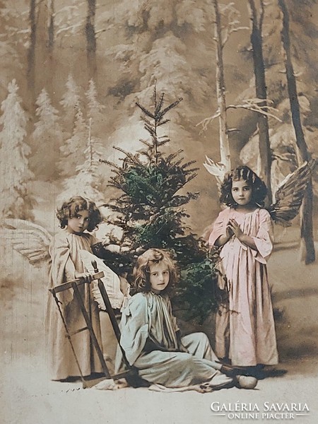 Old Christmas postcard forest angels photo postcard little girls