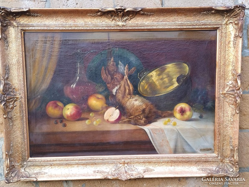 But wille a: post-hunt still life with large antique oil on canvas painting 112x82 cm
