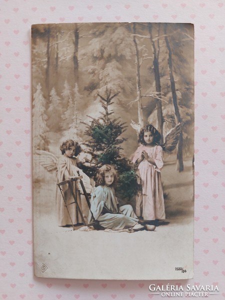 Régi karácsonyi képeslap erdei angyalok fotó levelezőlap kislányok