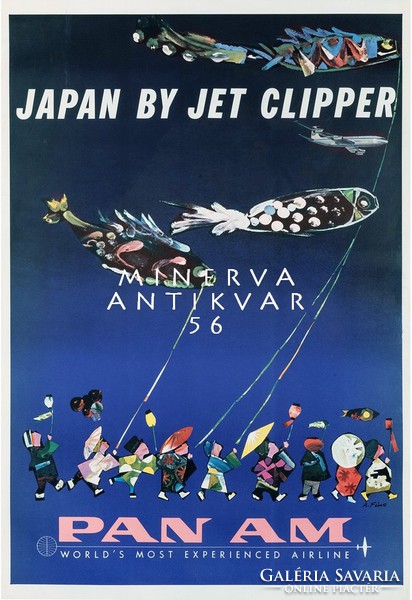 Vintage régi utazási reklám Japán Távol-Kelet koinobori  repülő hal ünnep 1960 modern REPRINT plakát