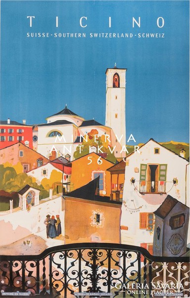 Vintage utazási plakát Tizino Dél-Svájc mediterrán hegyi falu óváros torony 1960 modern REPRINT