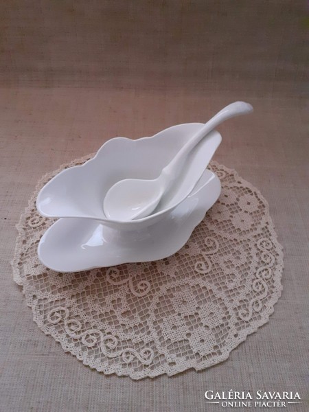 Old beautiful white porcelain sauce with porcelain ladle in one