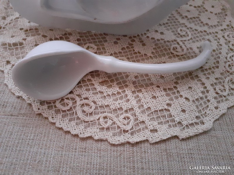 Old beautiful white porcelain sauce with porcelain ladle in one