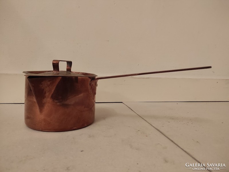 Antique kitchen utensil with tinned patinated copper pot beaker with lid 443