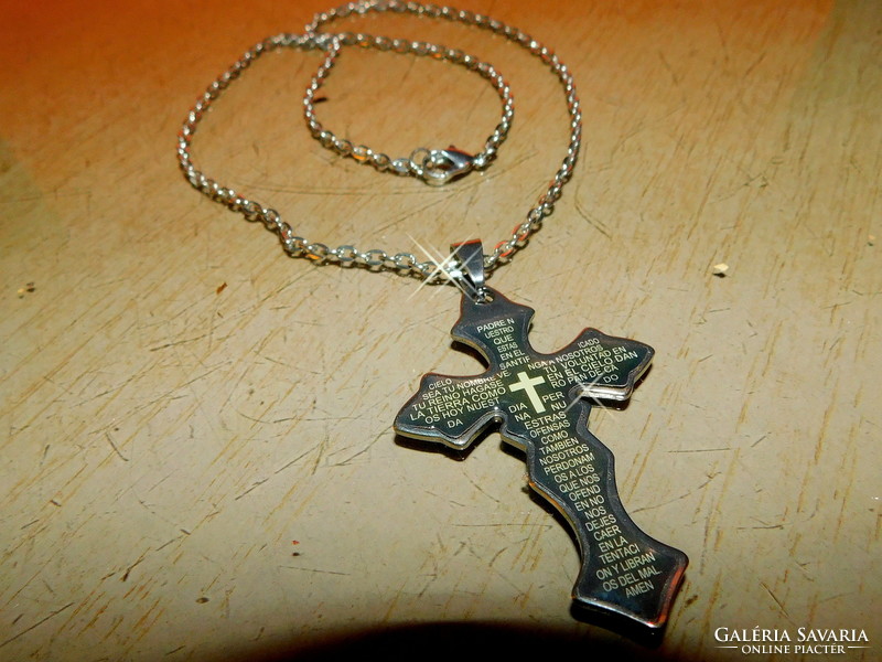 Black fire enamel prayer text cross stainless steel men's necklace