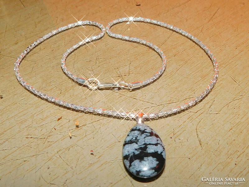 Snowflake obsidian drop pierced lacy white gold plated necklace