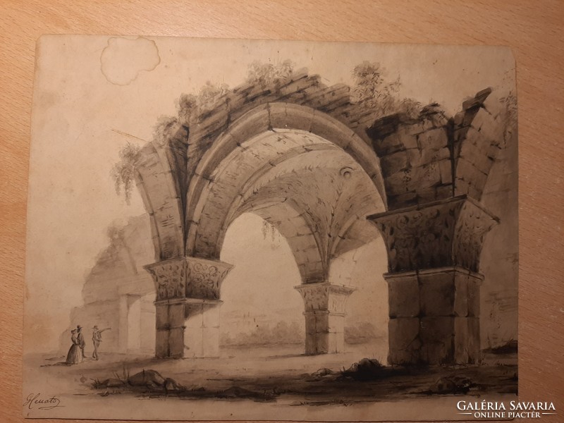 Ruined arch with man figures - lithographic watercolor